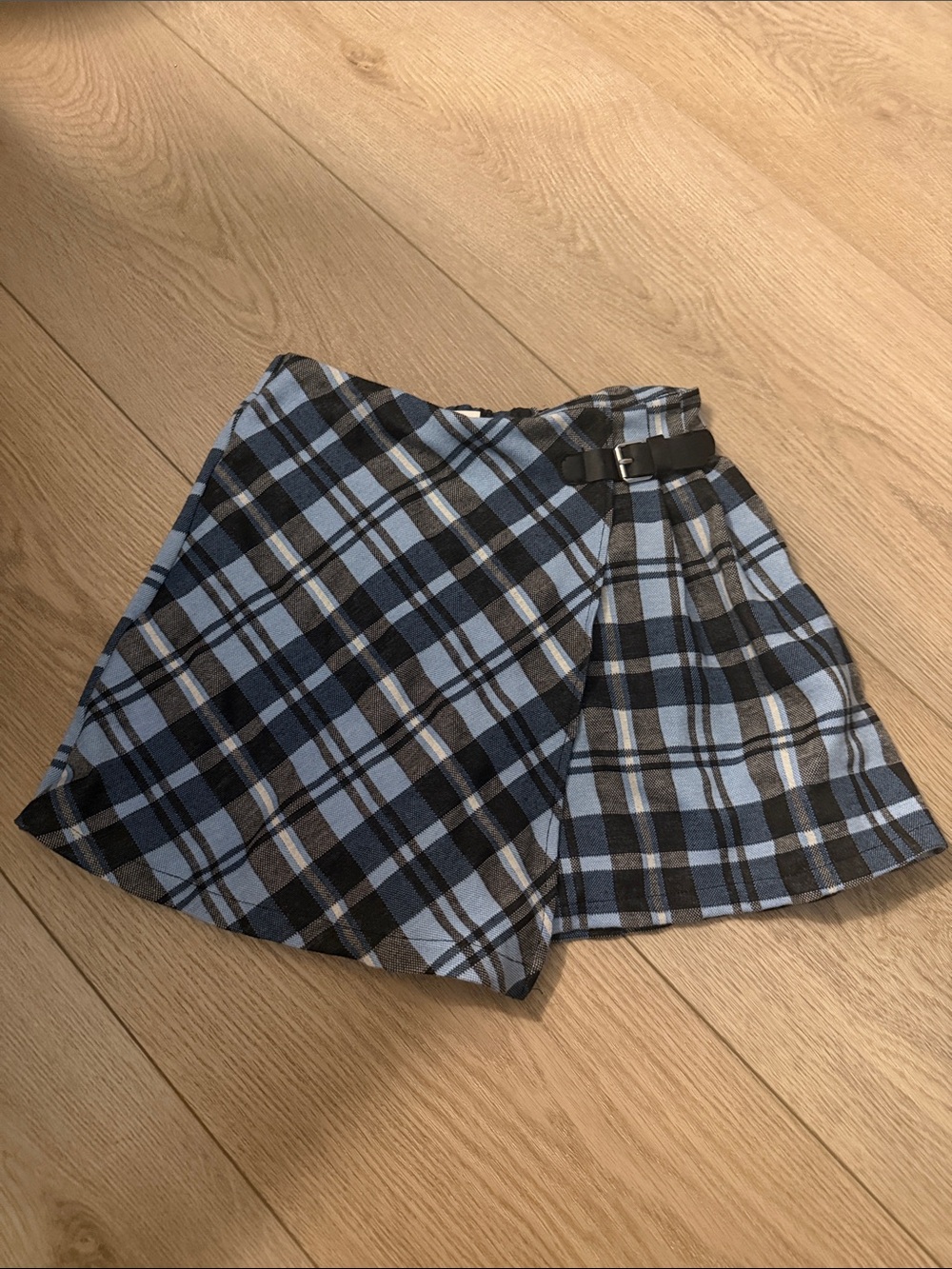 Zara kids Blue Plaid Wrap Mini Skirt SKORT with Buckle 13/14